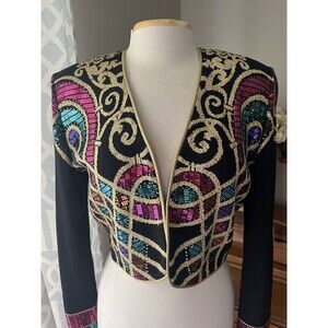 ST JOHN Evening Santana Knit Bowlero Jacket, Sequins, Tassles, BLING, Small?